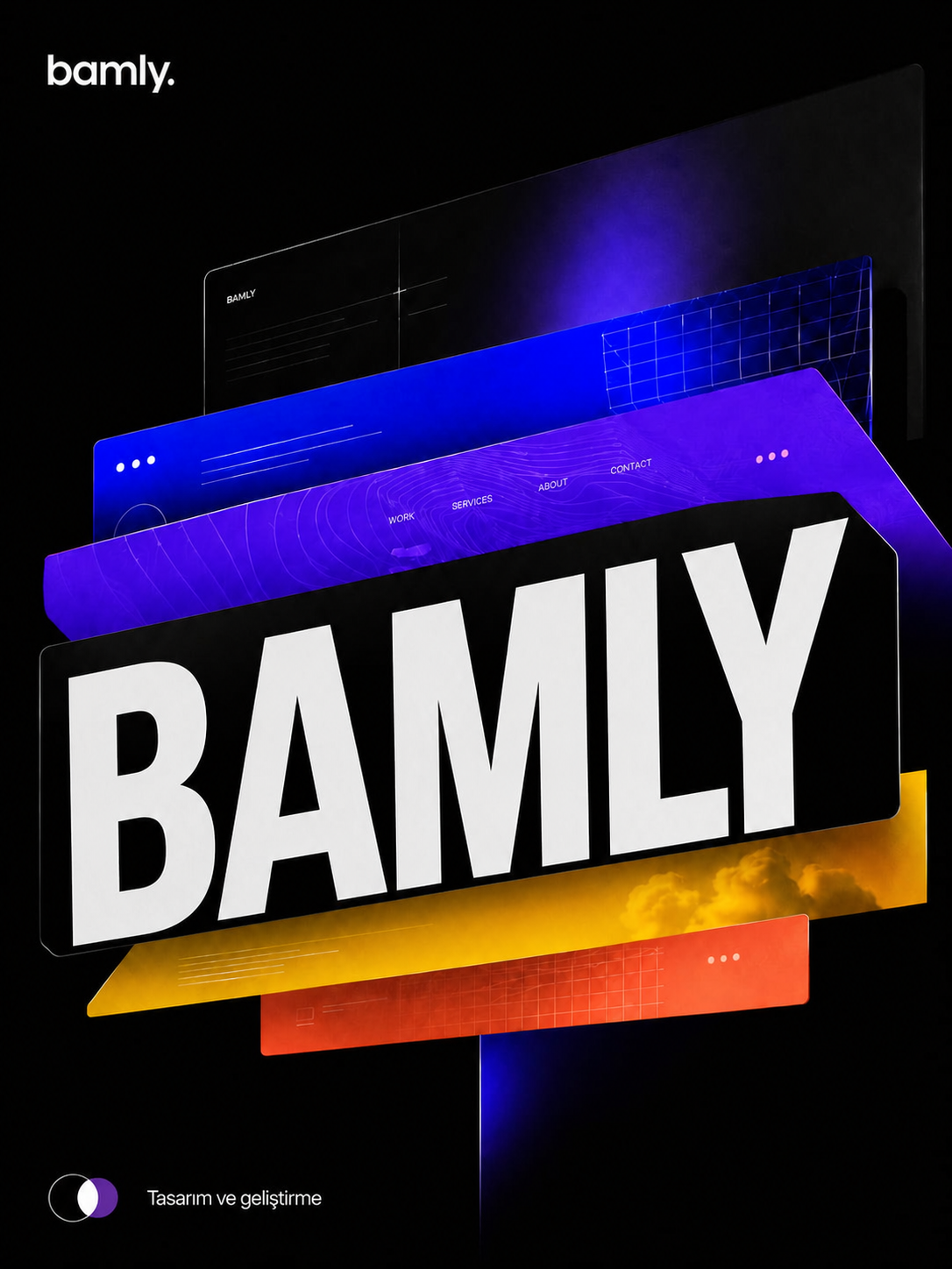 BAMLY dijital ürün stüdyosu — katmanlı dijital arayüz kompozisyonu